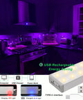 Rechargeable Under Cabinet Lights 4 Pack Wireless RGB LED Lighting with Remote installed in kitchen with purple glow