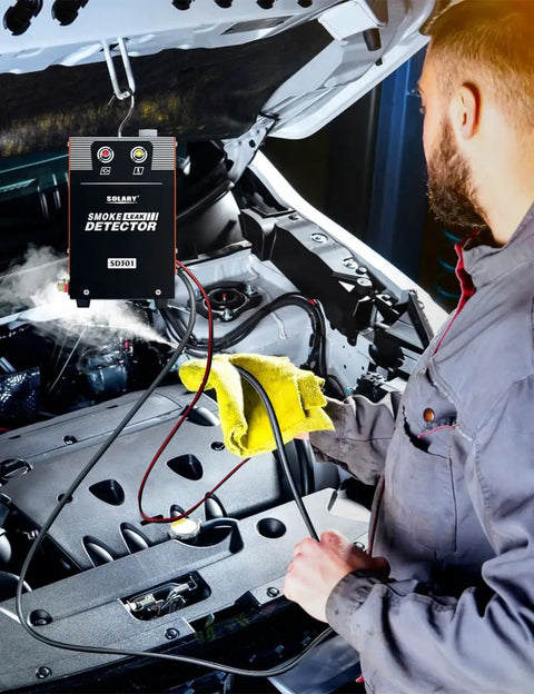 Killer EVAP Smoke Machine And 12V Leak Tester in use, inspecting vehicle engine with smoke detection technology.