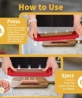 Instructions showing how to use Hot Dog Cutter Criss Cross Slicer With No Touch Release And One Touch Eject on sausage