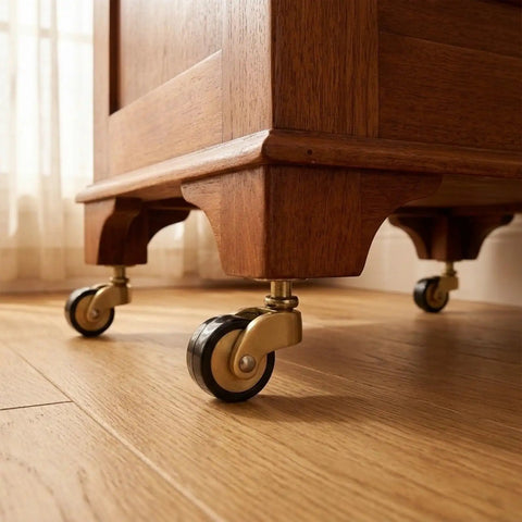 Solid Build Heavy Duty Brass Caster Wheels With Seamless 360 Swivel Ball Bearing Vintage Industrial Stem Pedestal Base on wooden furniture.