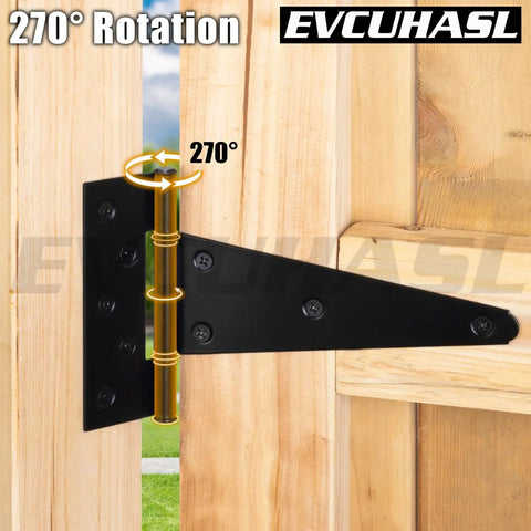 Eight Inch T Strap Gate Hinges Heavy Duty Rustproof Black Metal Tee Hinges on wooden gate with 270 degree rotation, showing mounting.