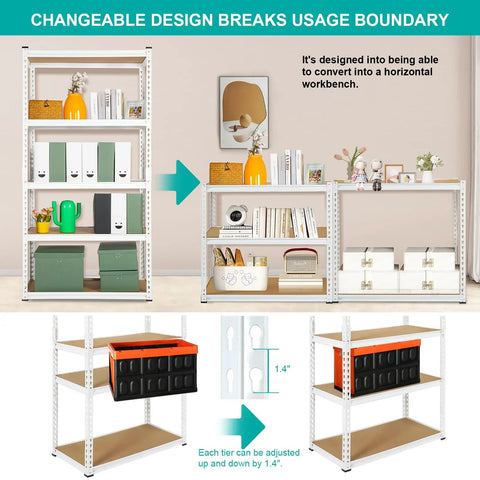 White 5 Tier Metal Storage Shelves 31.5 By 15.75 By 72 Inches Adjustable Utility Rack For Garage Kitchen Heavy Duty Steel Construction with adjustable tiers.