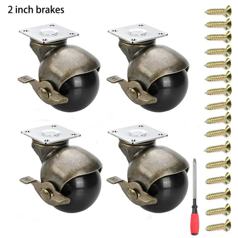 2 Inch Vintage Brass Swivel Caster Wheels Equipped With Reliable Roll Lock Brakes Set Of Four for furniture, includes screws.