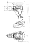 Badass 18 Volt Cordless Brushless Drill Driver Delivering 60 Newton Meters Of Torque, side and top view with dimensions.