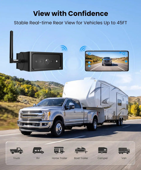 Slick Magnetic Solar Powered Wireless Backup Camera Flows Seamlessly With iPhone And Android Smartphones No Separate Monitor Required Hassle Free Driving Made Breezy, showcasing truck with trailer and rear view display.