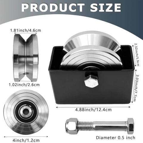 4 Inch V Groove Sliding Gate Roller Wheels 2 Pack Featuring Rugged Steel Construction And Welded Mounting Brackets showing product size and dimensions.