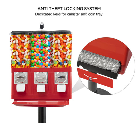 Front view of Commercial Candy Machine Dispenser Featuring Center Gumball Reel And Roomy Side Candy Bins, anti-theft locking system.