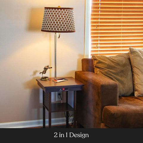 Madison Side Table With Built In Lamp, Wireless Charging Pad And USB Port beside a couch with decorative lamp shade