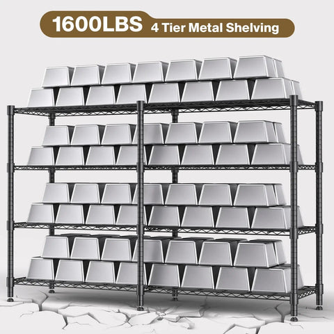 Industrial Four Tier Metal Wire Shelving Rack Straight Up Solid Build With 1600 Lb Capacity No Fuss Setup For Garage Kitchen Pantry Laundry And Utility Rooms 72 X 18 X 60 Inches Matte Black with stacked storage bins.