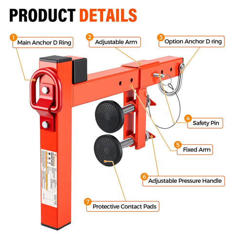 Close-up view of Heavy Duty Parapet Anchor Fall Protection Non Penetrating Rooftop Safety Wall Clamp features with adjustable arms and safety pin.