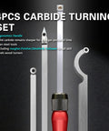 Tungsten Carbide Wood Lathe Turning Tools Set with four carbide tools, including rougher, finisher, detailer, and swan neck.