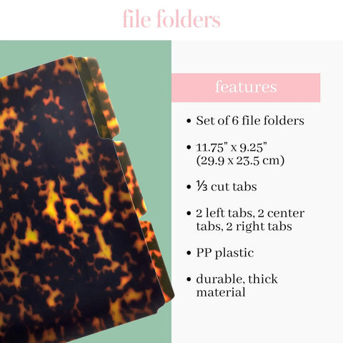 Thick File Folders Set Of 6 With Tortoise Print For Office And School Organizer For Letter Size Docs Durable Designer Style 11.75 By 9.25 Inch Folders To Keep Your Papers Neat And On Point shown with features list.