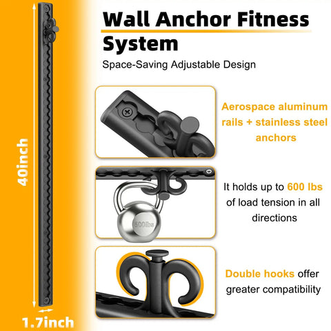 Adjustable Aluminum Resistance Band Wall Mount With 40 Inch Self Locking Track For Home Gym Fitness Anchors showing detailed design.