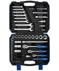Open blue case showing Six Point Socket Set With One Quarter Inch, Three Eighths Inch And One Half Inch Square Drive Metric Tool Kit