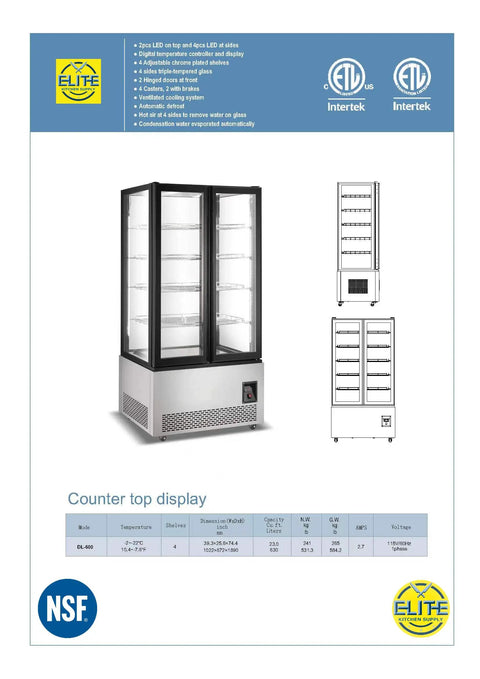 Top Shelf Commercial Four Door Glass Display Cooler Packing Hella Storage With Six Hundred Liters, viewed from the front with LED lights.