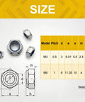 One Hundred Pack M3 And M6 Nylon Insert Hex Lock Nuts size chart with specifications for heavy load assembly.