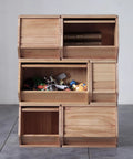 Stackable Solid Wood Storage Chests With Lids, Modular Multi Use Bins For Closet And Hallway Organizers, three wooden units shown
