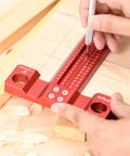Pro Grade Woodworking Scriber T-Square Ruler 12in with Thoughtful Support Lips in use for precise measurements on wood surface