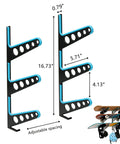 Heavy Duty Metal Skateboard Rack Wall Mount With Curved Hooks For Longboards Snowboards And Skis, showing dimensions and adjustability.