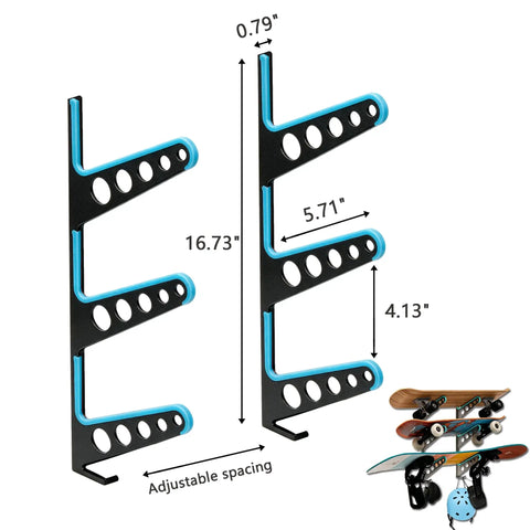 Heavy Duty Metal Skateboard Rack Wall Mount With Curved Hooks For Longboards Snowboards And Skis, showing dimensions and adjustability.