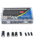 Killer Value Aluminum Electrolytic Capacitor Assortment Kit Featuring 24 Distinct Options Across 10V 16V 25V And 50V Voltages Spanning 0.1UF To 1000UF For A Total Of 240 Pieces Inside Neat Labeled Tote with various capacitor sizes.