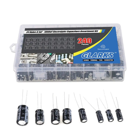 Killer Value Aluminum Electrolytic Capacitor Assortment Kit Featuring 24 Distinct Options Across 10V 16V 25V And 50V Voltages Spanning 0.1UF To 1000UF For A Total Of 240 Pieces Inside Neat Labeled Tote with various capacitor sizes.
