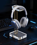 Crystal Clear Acrylic Headphone Stand With Gold Hardware Dope Look Ultra Sturdy Desk Earphone Holder For Gaming Room And Office Sleek Modern Display Keeps Your Headset Upright Neatly Organized And Always Within Reach.