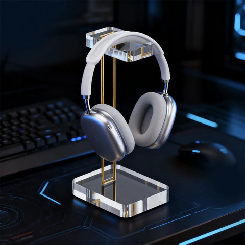 Crystal Clear Acrylic Headphone Stand With Gold Hardware Dope Look Ultra Sturdy Desk Earphone Holder For Gaming Room And Office Sleek Modern Display Keeps Your Headset Upright Neatly Organized And Always Within Reach.
