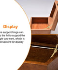 Two Pack Lid Support Hinge For Cabinets And Boxes, gold finish hinge displayed holding a wooden box lid open, close-up view