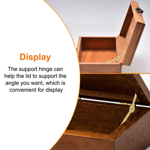 Two Pack Lid Support Hinge For Cabinets And Boxes, gold finish hinge displayed holding a wooden box lid open, close-up view