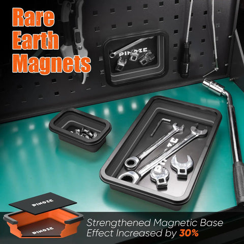 Collapsible Magnetic Parts Tray Organizer Set With 12 Inch Flexible Magnetic Pickup Tool Garage Ready 3 Sized Magnetic Trays And Pick Up Sweeper For Screws Bolts Nuts Washers Pins And Metal Parts Black on workbench
