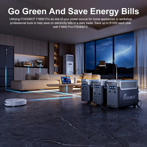 FossilBot F3600 Pro power station in a modern living room with home appliances, showcasing energy-saving capabilities.