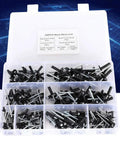 Aluminum Blind Rivet Kit With 200 Piece Assortment In 3.2, 4.0, 4.8mm Sizes, Oxidized Finish, And Storage Box Open View