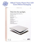 Your Go To LED Travel Vanity Mirror With 3 Color Ring Light packaging showing features and mirror illustration