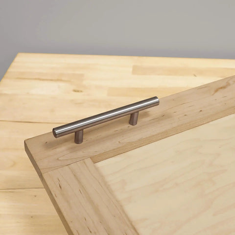 Shop Grade Cabinet Hardware Jig For Seamless Drawer And Door Handle Installation Featuring Heavy Duty Steel Frame And Extended Mounting Arm Up To Thirty Two Inches Packs A Rugged Zipper Case For Backyardboss Projects, showcasing a stainless steel drawer handle installed on wood.