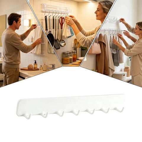 Premium Heavy Duty Self Adhesive Coat Rack Wall Mount Featuring Seven Robust Hooks for organizing kitchen tools and towels.