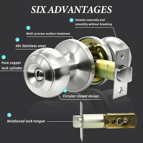 10 Pack Brushed Nickel Round Privacy Door Knobs for Interior Doors showcasing multi-process surface and lock advantages