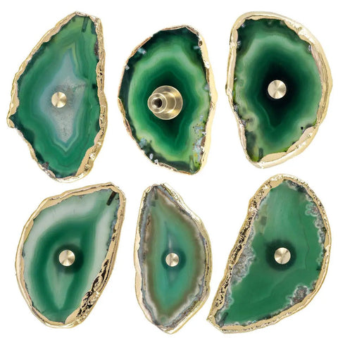 Four Pack Green Agate Slice Cabinet Knobs And Drawer Pulls Featuring Solid Brass Hardware Hella Stylish Natural Geode Stone Handles, set of six.