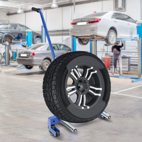 Heavy Duty Adjustable Tire Dolly Cart With 500 Lb Capacity Hella Tough Steel Frame Fits 12 To 24 Inch Wheels displaying tire in workshop.