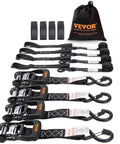 Beefy 4 Pack Heavy Duty Ratchet Tie Down Straps Set 1.6 Inch By 8 Foot With Padded Handles Coated S Hooks, soft loops, in packaging