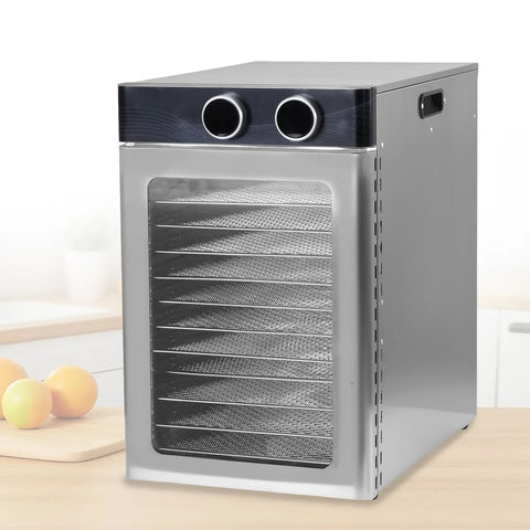 Sleek Electric Food Dehydrator With 12 Stainless Steel Trays And 1200 Watt Motor For Beef Jerky Dried Fruit And Herbs, stainless steel design.