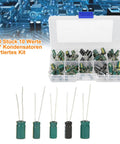 Top Shelf Audio Capacitor Assortment Kit 100 Pieces Of Durable Electrolytic Radial Capacitors in a clear organizer box.