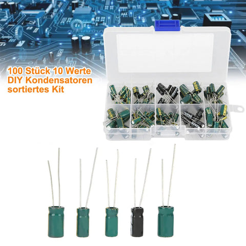 Top Shelf Audio Capacitor Assortment Kit 100 Pieces Of Durable Electrolytic Radial Capacitors in a clear organizer box.