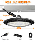 Super Bright 150W LED High Bay Shop Lights Putting Out 19500 Lumens Of 5000K Daylight Perfect For Warehouses Gyms And Garages Replacing 400W HID HPS Lights Comes With Hanging Hook And Five Foot Plug In Cord For Easy Install showing dimensions and plug