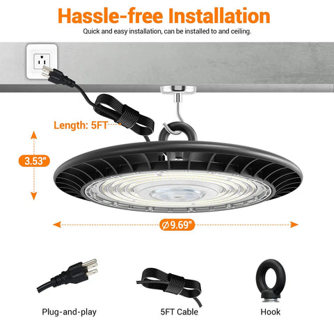 Super Bright 150W LED High Bay Shop Lights Putting Out 19500 Lumens Of 5000K Daylight Perfect For Warehouses Gyms And Garages Replacing 400W HID HPS Lights Comes With Hanging Hook And Five Foot Plug In Cord For Easy Install showing dimensions and plug