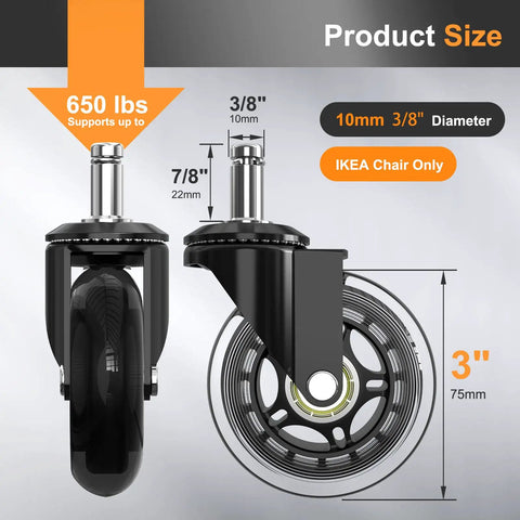 Top Shelf Replacement Office Chair Casters Built Exclusively For IKEA Seating Ten Millimeter Stem And Three Eighths Inch Mount Rubber Caster Wheels Set Of Five product size diagram showing dimensions and weight capacity.