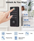 Top Pick Smart Door Lock Keyless Entry Deadbolt Fingerprint shown on wall, featuring a touchscreen and biometric sensor for secure access.