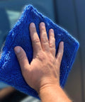 Autofiber Amphibian mini dual-side glass cleaning microfiber towel, 8x8 in, blue/gray, used to wipe car window.