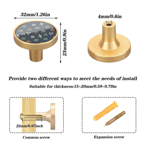 Gold Cartoon Doodles Drawer Knobs Four Pack Round Cabinet Knobs Pulls dimensions and installation options shown