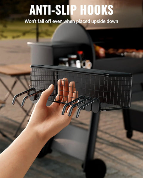 Hand holding Magnetic Storage Bin For Grills And Pellet Smokers, Heavy Duty Magnetic Organizer on grill hopper showing anti-slip hooks.